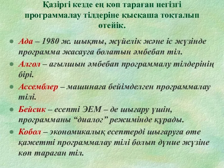 Қазіргі кезде ең көп тараған негізгі программалау тілдеріне қысқаша тоқталып өтейік.