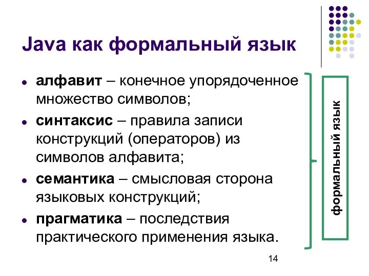 Java как формальный язык алфавит – конечное упорядоченное множество символов; синтаксис