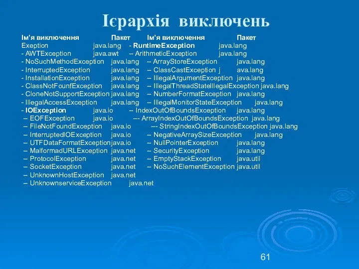 Ієрархія виключень Ім’я виключення Пакет Ім’я виключення Пакет Exeption java.lang -