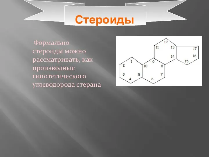 Стероиды Формально стероиды можно рассматривать, как производные гипотетического углеводорода стерана