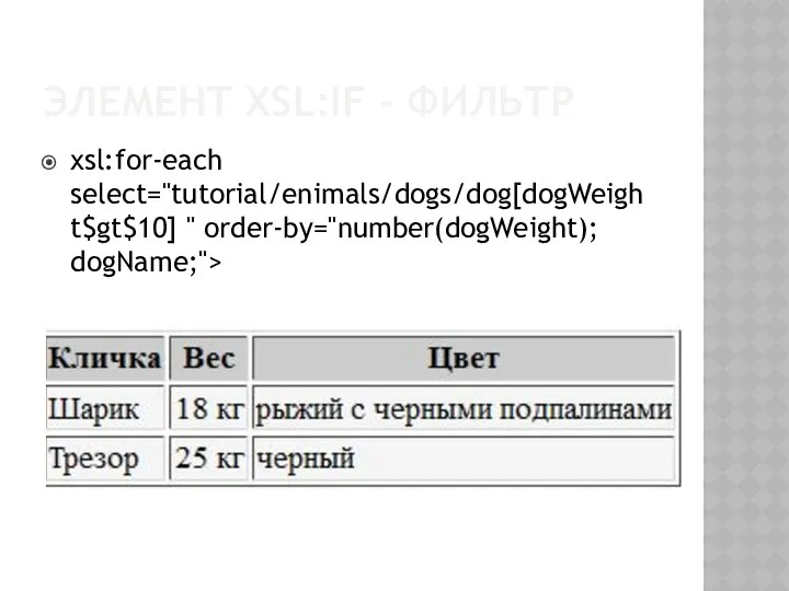 ЭЛЕМЕНТ XSL:IF - ФИЛЬТР xsl:for-each select="tutorial/enimals/dogs/dog[dogWeight$gt$10] " order-by="number(dogWeight); dogName;">