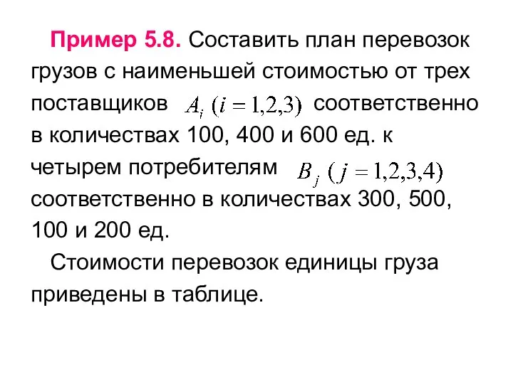 Пример 5.8. Составить план перевозок грузов с наименьшей стоимостью от трех