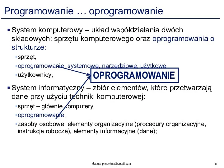 Programowanie … oprogramowanie System komputerowy – układ współdziałania dwóch składowych: sprzętu