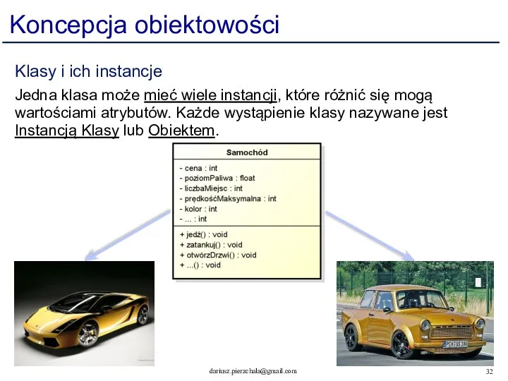 Koncepcja obiektowości Klasy i ich instancje Jedna klasa może mieć wiele