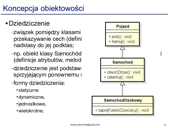 Koncepcja obiektowości Dziedziczenie związek pomiędzy klasami obiektów, określający przekazywanie cech (definicji