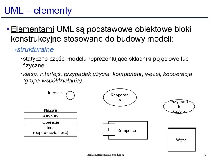 UML – elementy Elementami UML są podstawowe obiektowe bloki konstrukcyjne stosowane