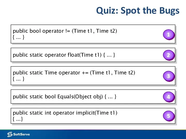 Quiz: Spot the Bugs public bool operator != (Time t1, Time