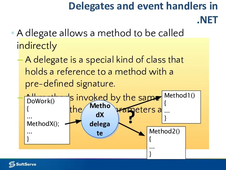 Delegates and event handlers in .NET A dlegate allows a method