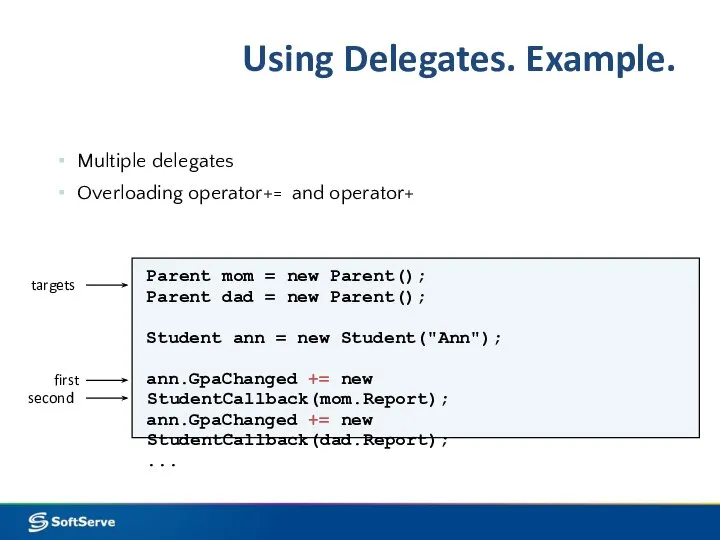 Multiple delegates Overloading operator+= and operator+ Parent mom = new Parent();