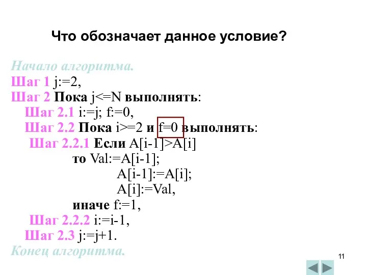 Начало алгоритма. Шаг 1 j:=2, Шаг 2 Пока j Шаг 2.1