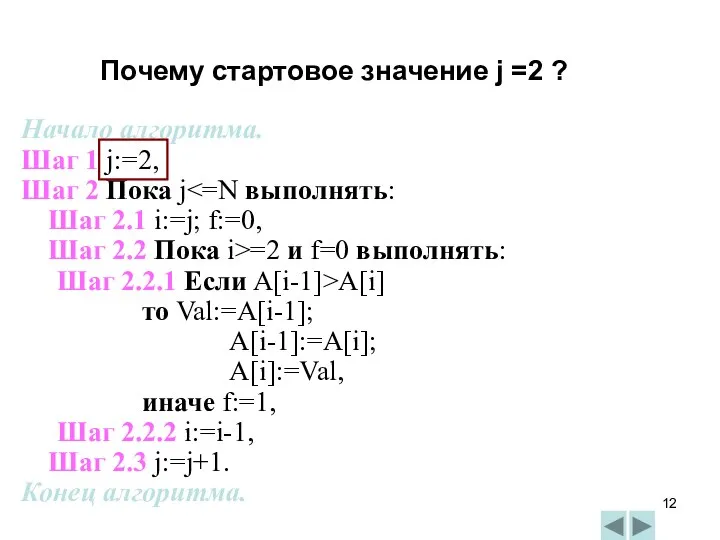 Начало алгоритма. Шаг 1 j:=2, Шаг 2 Пока j Шаг 2.1