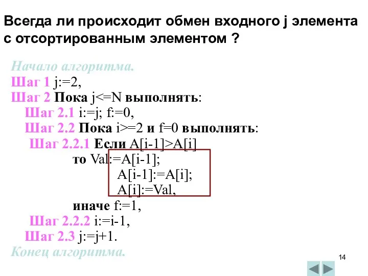 Начало алгоритма. Шаг 1 j:=2, Шаг 2 Пока j Шаг 2.1