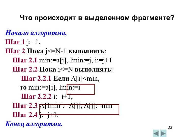 Начало алгоритма. Шаг 1 j:=1, Шаг 2 Пока j Шаг 2.1