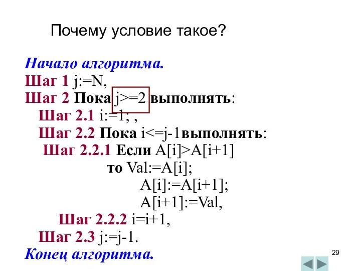 Начало алгоритма. Шаг 1 j:=N, Шаг 2 Пока j>=2 выполнять: Шаг