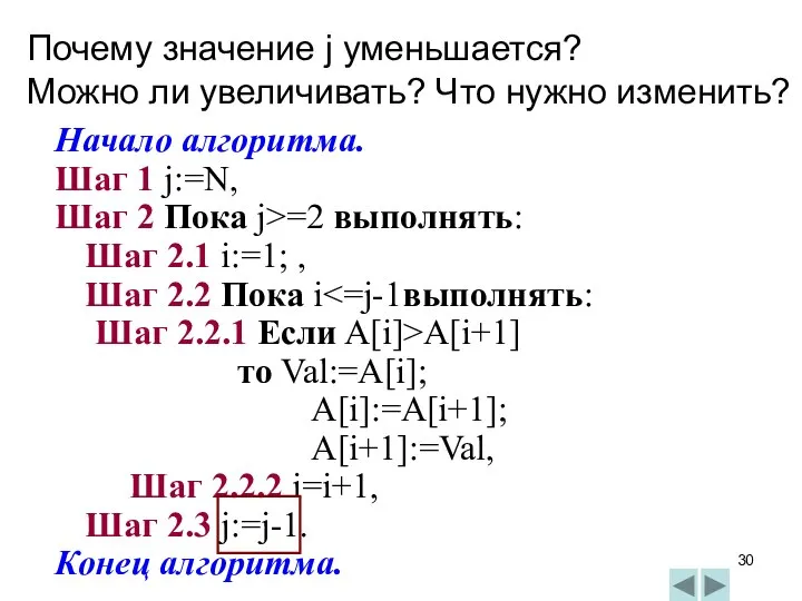 Начало алгоритма. Шаг 1 j:=N, Шаг 2 Пока j>=2 выполнять: Шаг