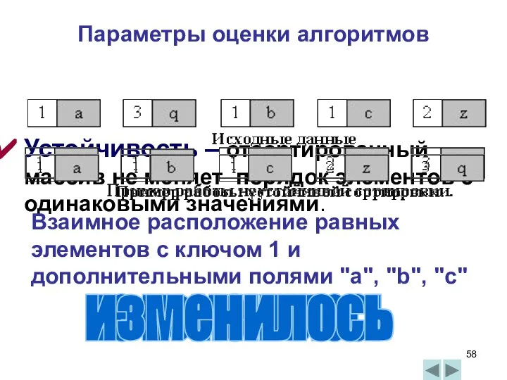 Устойчивость – отсортированный массив не меняет порядок элементов с одинаковыми значениями.