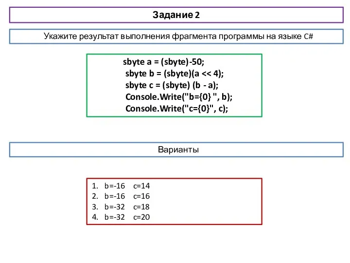 Задание 2 sbyte a = (sbyte)-50; sbyte b = (sbyte)(a sbyte