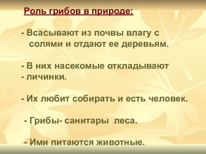 Роль грибов в природе: Всасывают из почвы влагу с солями и