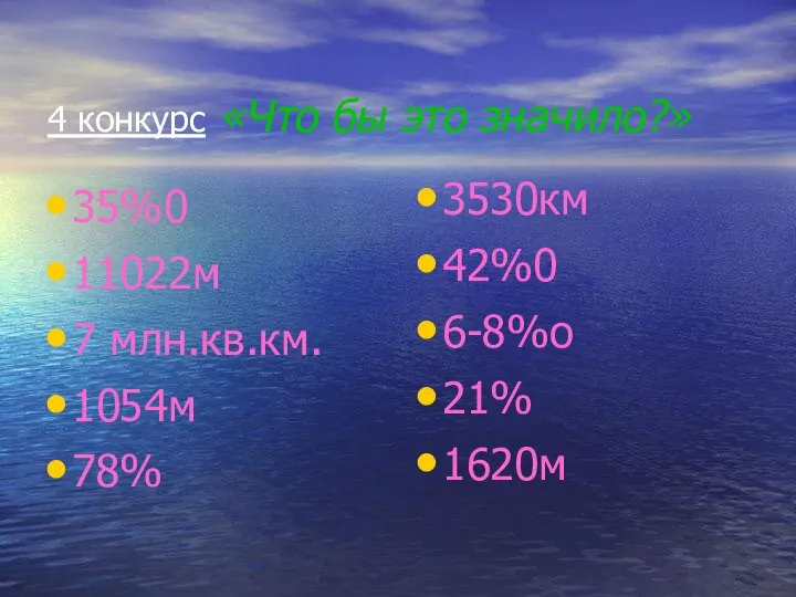 4 конкурс «Что бы это значило?» 35%0 11022м 7 млн.кв.км. 1054м