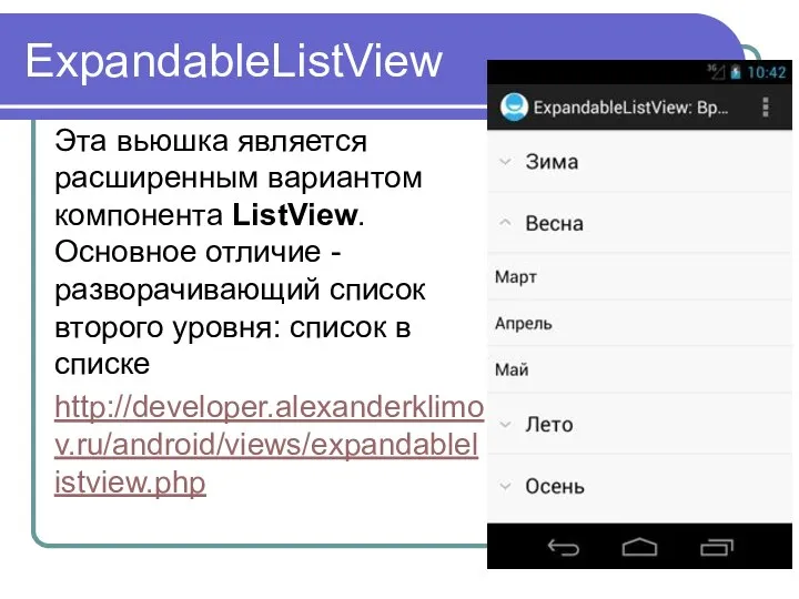 ExpandableListView Эта вьюшка является расширенным вариантом компонента ListView. Основное отличие -