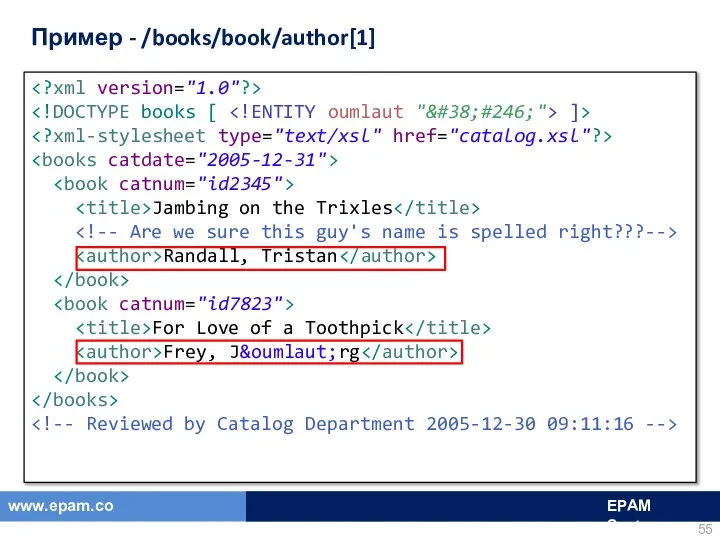 Пример - /books/book/author[1] ]> Jambing on the Trixles Randall, Tristan For