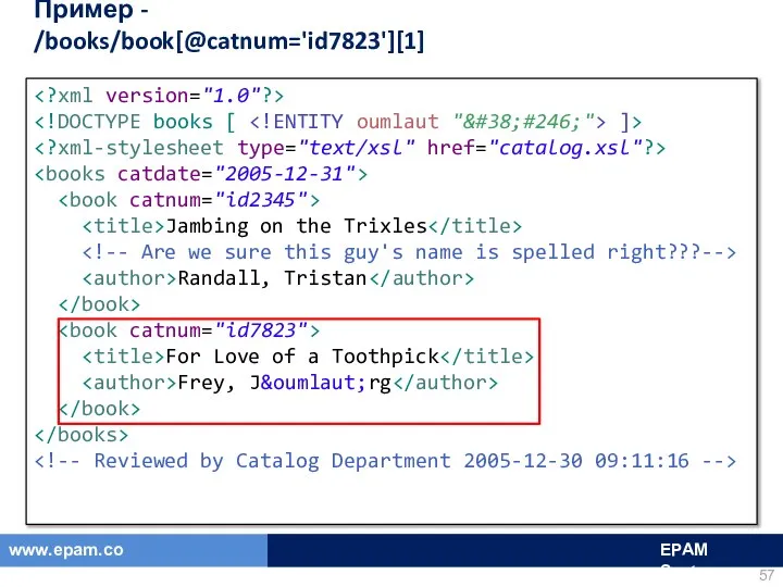 Пример - /books/book[@catnum='id7823'][1] ]> Jambing on the Trixles Randall, Tristan For