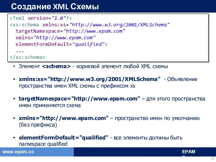 Создание XML Схемы Элемент - корневой элемент любой XML схемы xmlns:xs="http://www.w3.org/2001/XMLSchema"