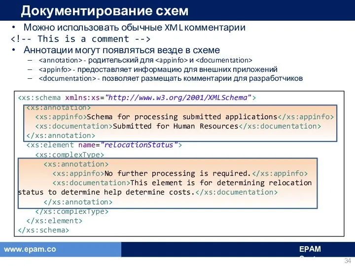 Документирование схем Можно использовать обычные XML комментарии Аннотации могут появляться везде