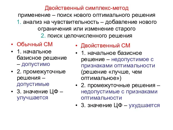 Двойственный симплекс-метод применение – поиск нового оптимального решения 1. анализ на