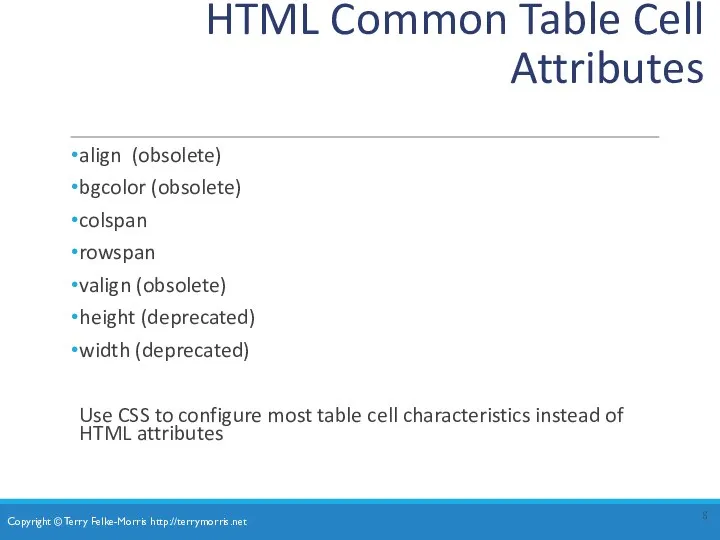 HTML Common Table Cell Attributes align (obsolete) bgcolor (obsolete) colspan rowspan