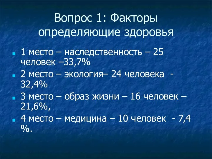 Вопрос 1: Факторы определяющие здоровья 1 место – наследственность – 25