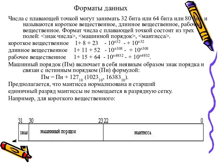 Форматы данных Числа с плавающей точкой могут занимать 32 бита или