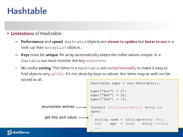 Hashtable Limitations of Hashtable: Performance and speed: Hashtable objects are slower