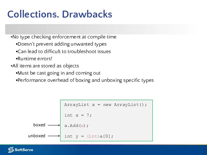 Collections. Drawbacks No type checking enforcement at compile time Doesn’t prevent