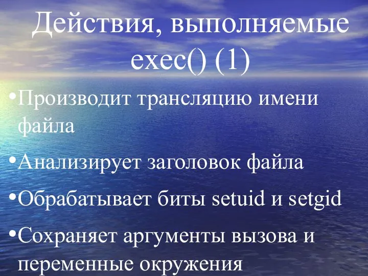 Действия, выполняемые exec() (1) Производит трансляцию имени файла Анализирует заголовок файла