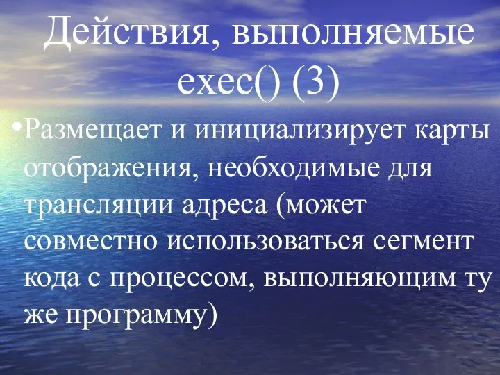 Действия, выполняемые exec() (3) Размещает и инициализирует карты отображения, необходимые для