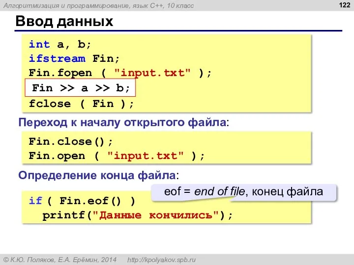 Ввод данных int a, b; ifstream Fin; Fin.fopen ( "input.txt" );