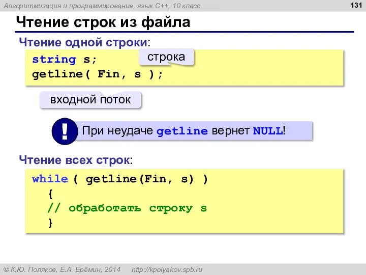 Чтение строк из файла while ( getline(Fin, s) ) { //