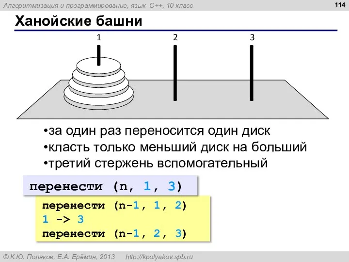 Ханойские башни за один раз переносится один диск класть только меньший