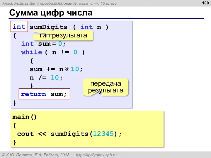 Сумма цифр числа main() { cout } int sumDigits ( int