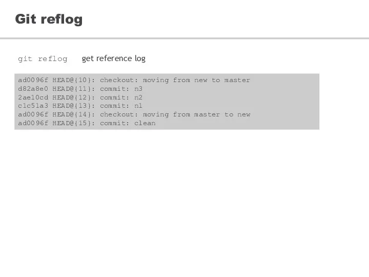 Git reflog git reflog ad0096f HEAD@{10}: checkout: moving from new to