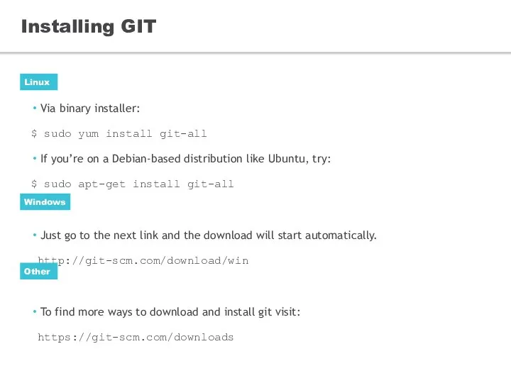 Installing GIT Via binary installer: $ sudo yum install git-all If