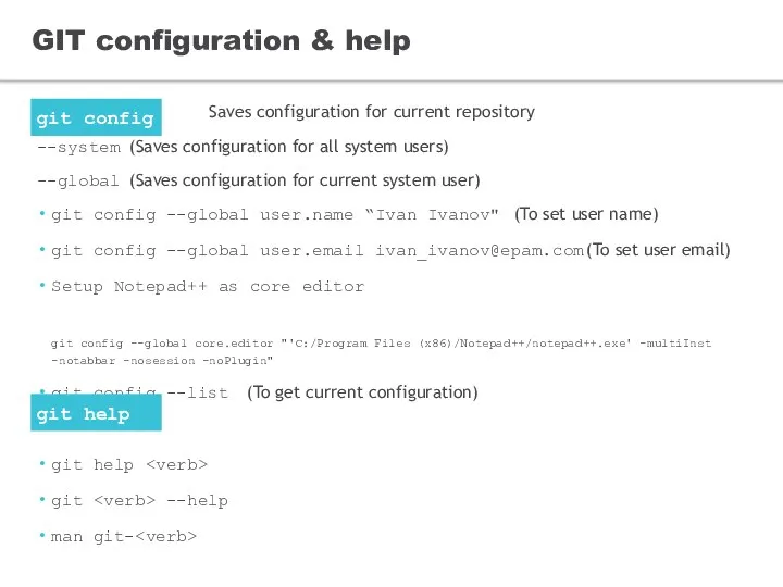 GIT configuration & help Saves configuration for current repository --system (Saves