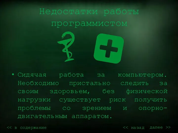 Недостатки работы программистом Сидячая работа за компьютером. Необходимо пристально следить за