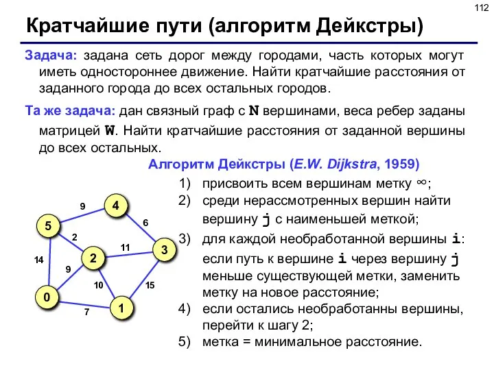 Кратчайшие пути (алгоритм Дейкстры) Задача: задана сеть дорог между городами, часть