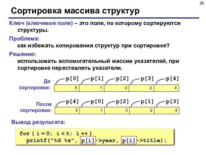 Сортировка массива структур Ключ (ключевое поле) – это поле, по которому