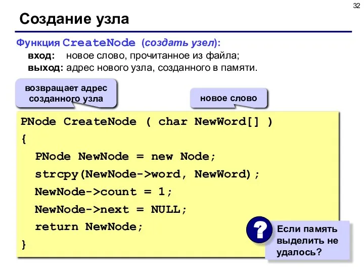 Создание узла PNode CreateNode ( char NewWord[] ) { PNode NewNode