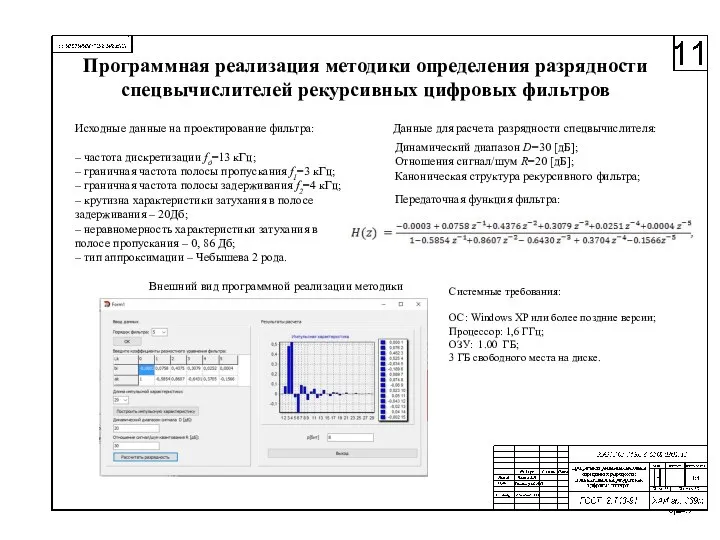 Программная реализация методики определения разрядности спецвычислителей рекурсивных цифровых фильтров Внешний вид