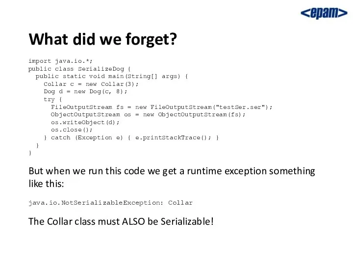 What did we forget? import java.io.*; public class SerializeDog { public