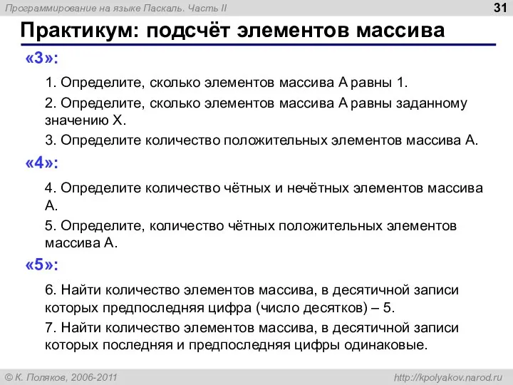 Практикум: подсчёт элементов массива «3»: 1. Определите, сколько элементов массива A